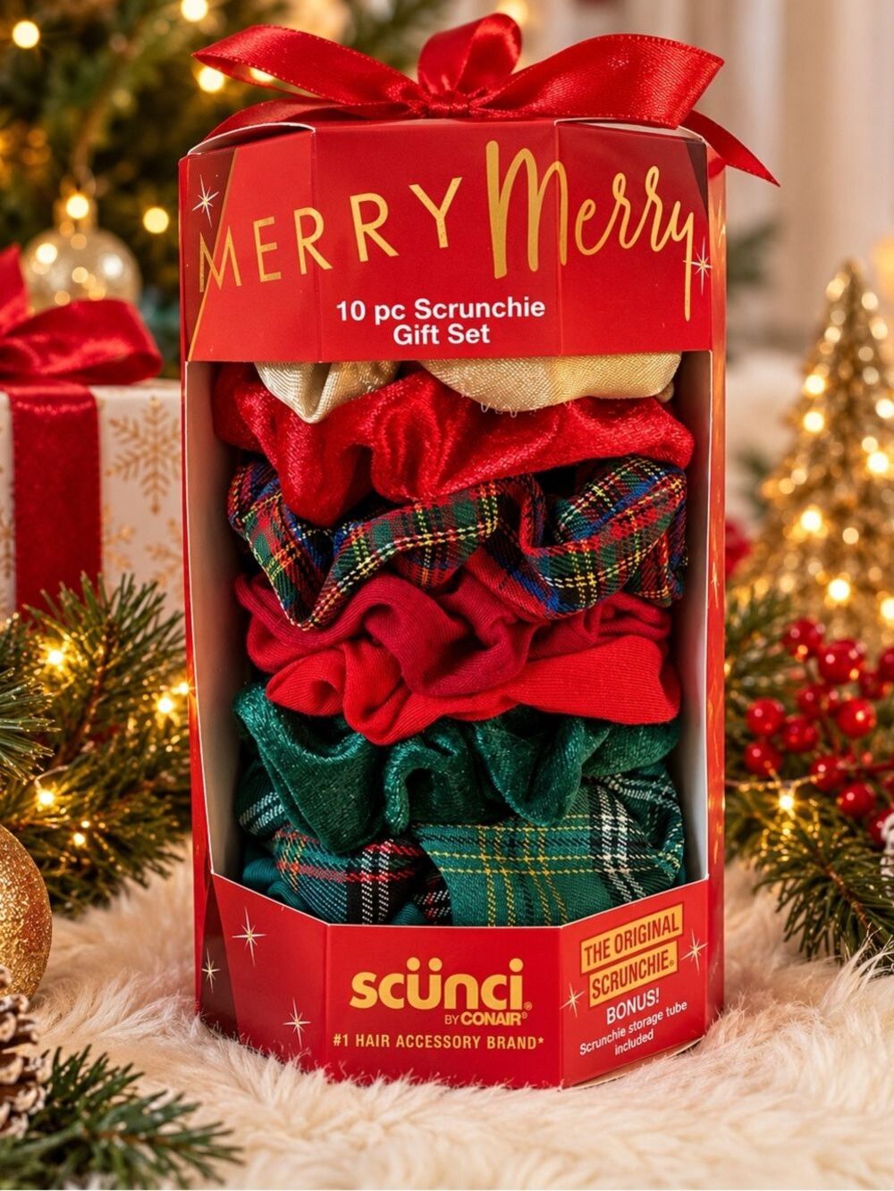 Scünci by Conair 10 Pc Holiday Scrunchie Gift Set Merry Christmas Storage Tube